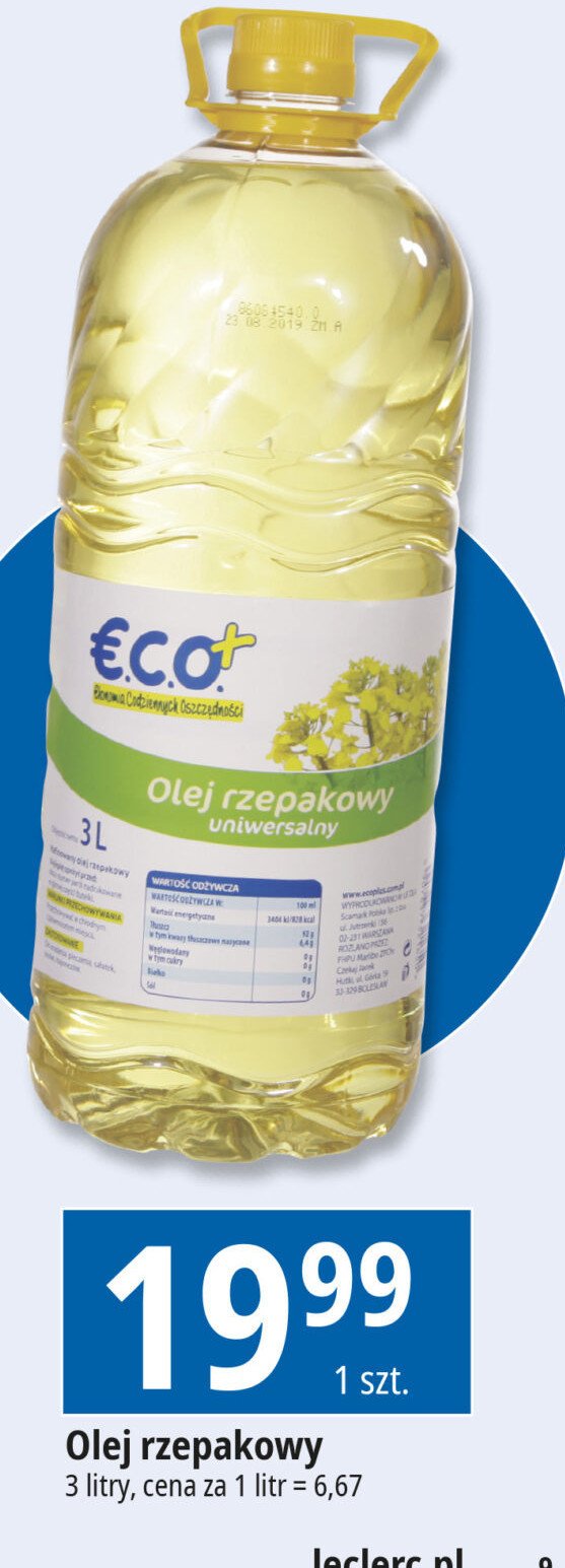 Olej uniwersalny rzepakowy Eco+ promocja w Leclerc