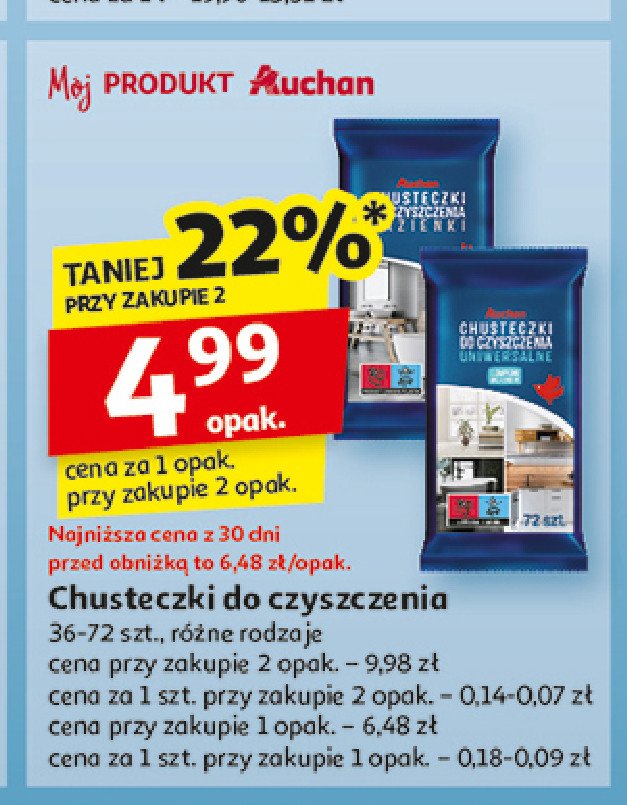 Chusteczki do czyszczenia łazienki Auchan różnorodne (logo czerwone) promocja