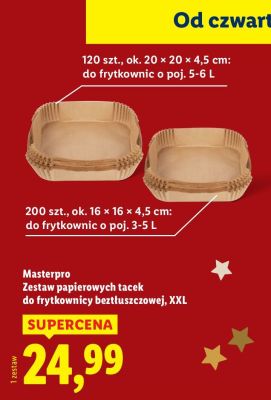 Zestaw papierowych tacek do frytkownice beztłuszczowej Masterpro, XXL, 120 szt., ok. 20 × 20 × 4,5 cm: do frytkownic o poj. 5-6 L lub 200 szt., ok. 16 × 16 × 4,5 cm: do frytkownic o poj. 3-5 L promocja w Lidl