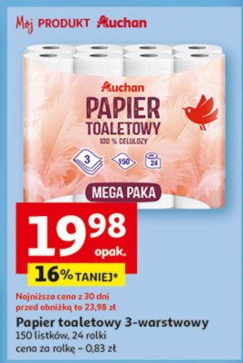Papier toaletowy 3-warstwowy Auchan 150 listków, 24 rolki promocja w Auchan