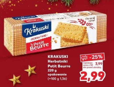 Herbatniki KRAKUSKI Petit Beurre 220 g opakowanie (=100 g 1,36) promocja w Kaufland
