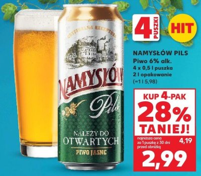 Piwo Namysłów Pils 4 x 0,5 l puszka 2 i opakowanie promocja w Kaufland