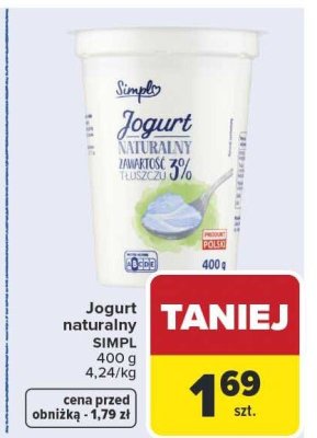Jogurt naturalny 400 g 4,24/kg Simpl promocja w Carrefour