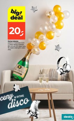 Zestaw balonów zawiera: 41 balonów w tym 1 x balon foliowy szampan (85 x 40 cm), 20 x balon biały, 10 x balon srebrny, 10 x balon złoty promocja w Dealz