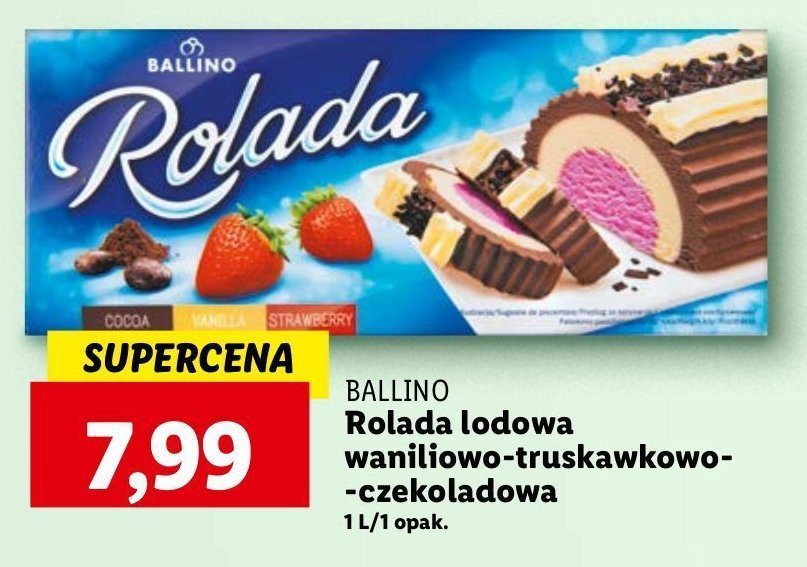 Rolada lodowa truskawkowo-waniliowo-czekoladowa Ballino promocja