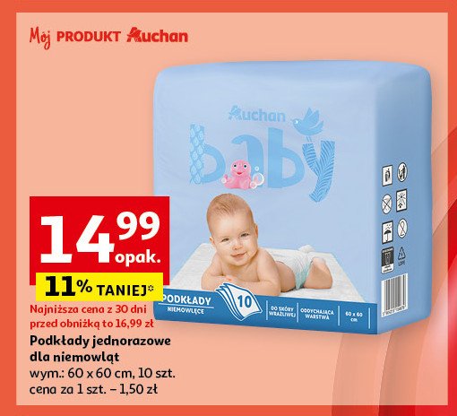 Podkłady jednorazowe comfort 60 x 60 cm Auchan baby promocja