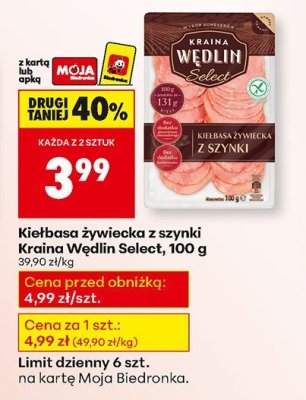 Kiełbasa żywiecka z szynki Kraina Wędlin Select, 100 g promocja w Biedronka