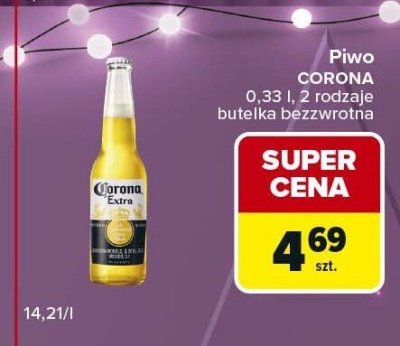 Piwo CORONA 6.33 l, 2 rodzaje butelka bezwrotna promocja w Carrefour Express