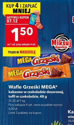 Wafle Grzeski MEGA kakaowe w czekoladzie deserowej, toffi w czekoladzie promocja w LEWIATAN