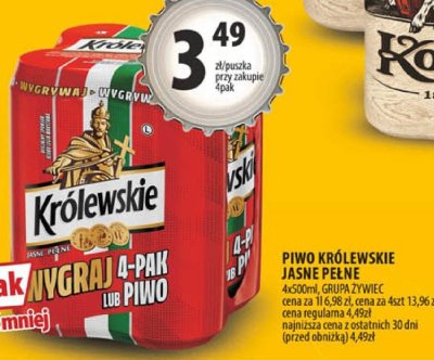 Piwo Królewskie Jasne Pełne 400ml promocja w Arhelan