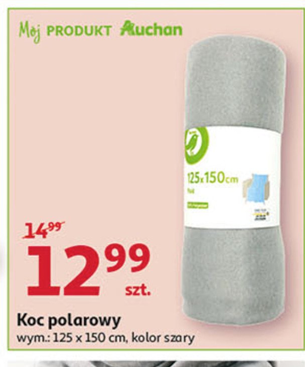 Koc polarowy 125 x 150 cm szary Auchan na co dzień (logo zielone) promocja