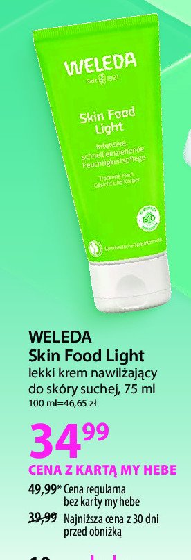 Krem natychmiastowo nawilżający do skóry suchej Weleda skin food light promocja