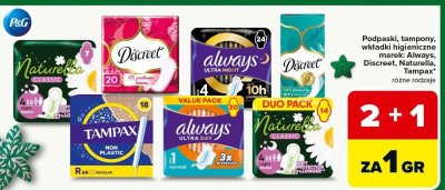 Podpaski, tampony, wkładki higieniczne Always, Discreet, Naturella, Tampax różne rodzaje promocja w Carrefour