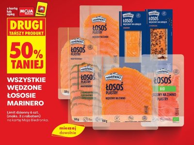 Łosoś plastry BIO wędzony na zimno Marinero promocja w Biedronka