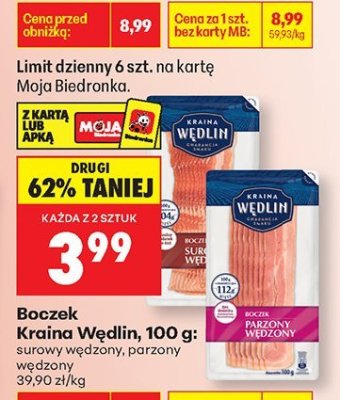 Boczek Kraina Wedlin, 100 g: surowy wędzony, parzony wędzony promocja w Biedronka