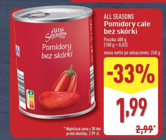 Pomidory całe bez skórki All seasons promocja w Aldi