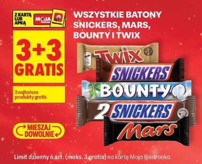 Batony Snickers, Mars, Bounty i Twix 3+3 promocja w Biedronka