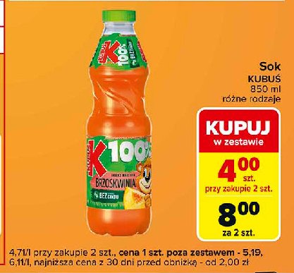 Sok brzoskwinia-marchew-jabłko Kubuś 100% sok promocja w Carrefour Express