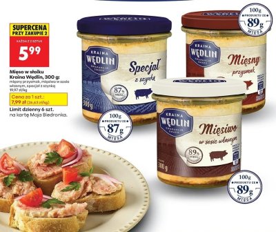 Mięso w słoiku Kraina Wędlin, 300 g: mięsny przysmak, mięsiwo w sosie własnym, specjał z szynką promocja w Biedronka