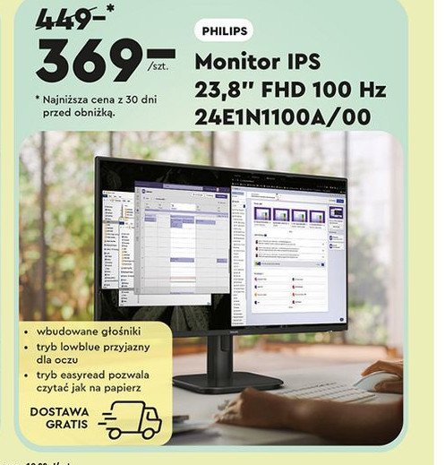 Monitor ips 23.8" fhd 24e1n1100a/00 Philips promocja w Biedronka