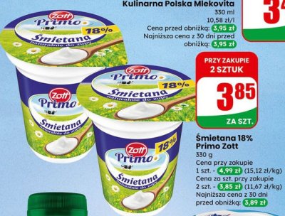 Śmietana 18% Primo Zott promocja w Dino
