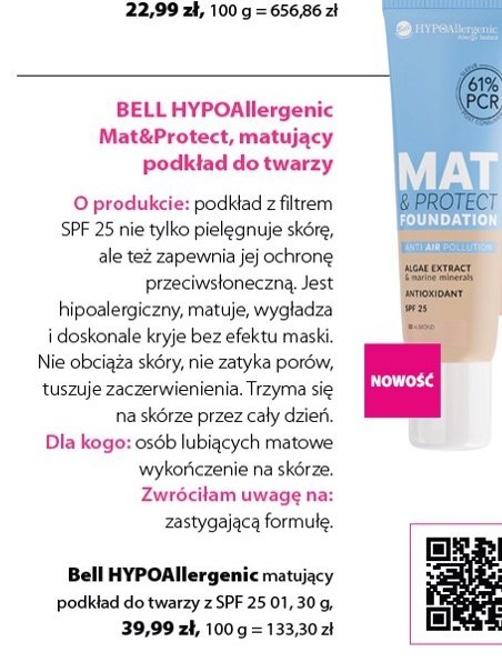 Podkład do twarzy matujący spf25 01 vanilla Bell hypoallergenic mat & protect promocja