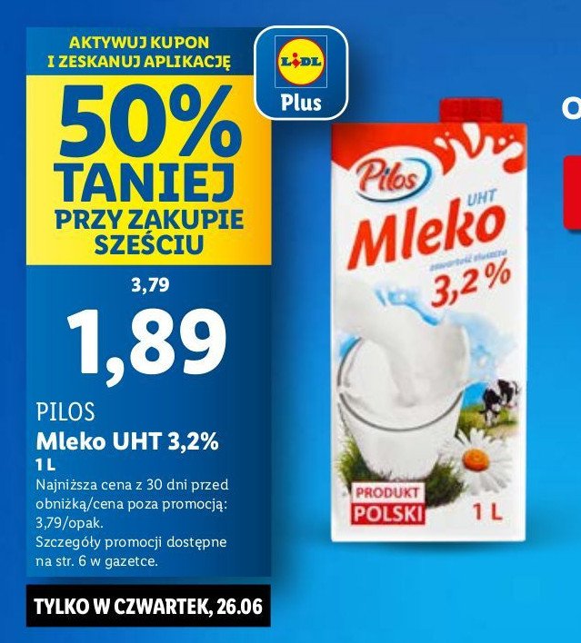 Mleko 3.2% Pilos promocja w Lidl