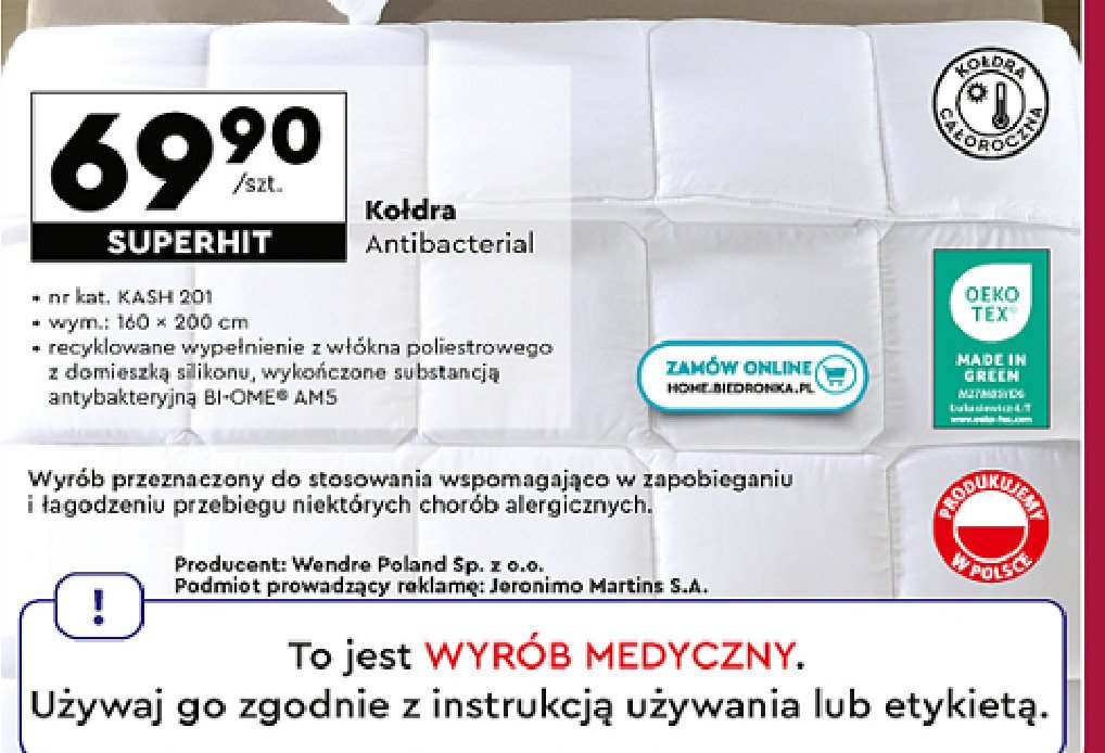 Kołdra antibacterial 160 x 200 cm Smukee home promocja w Biedronka