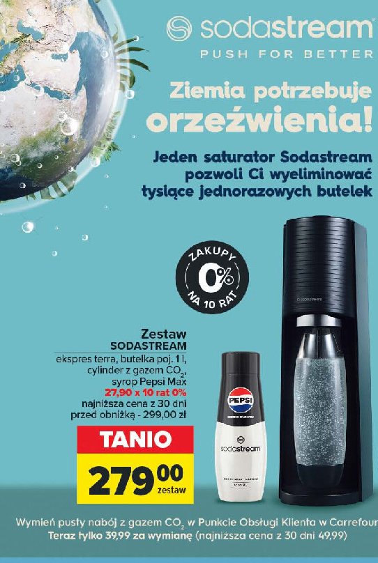 Zestaw: urządzenie sst terra czarny + cylinder cqc + butelka + pepsi max Sodastream promocja w Carrefour