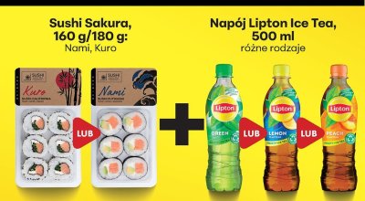 Zestaw Sushi Sakura 160g/180g Nami lub Kuro + Napój Lipton Ice Tea 500ml różne rodzaje promocja w Biedronka