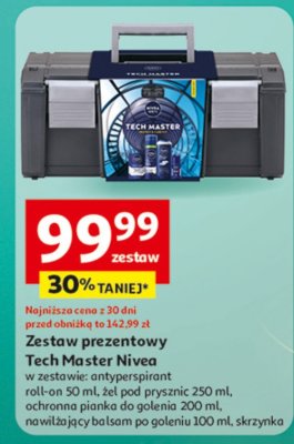 Zestaw prezentowy Tech Master Nivea, w zestawie: antyperspirant roll-on 50 ml, żel pod prysznic 250 ml, ochronna pianka do golenia 200 ml, nawilżający balsam po goleniu 100 ml, skrzynka promocja w Auchan