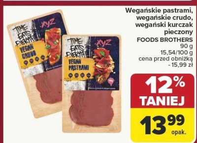 Wegańskie pastrami, wegańskie crudo, wegański kurczak pieczony FOODS BROTHERS 100g promocja w Carrefour
