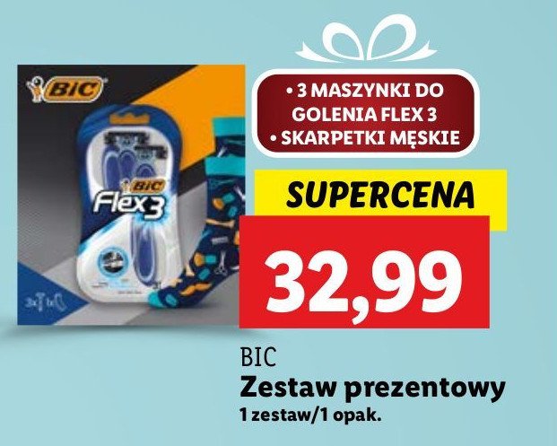 Zestaw w pudełku: maszynka do golenia flex 3+ skarpetki Bic zestaw promocja w Lidl