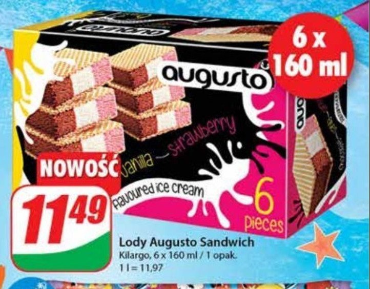 Lody sandwich waniliowo-truskawkowo-czekoladowe Augusto promocja