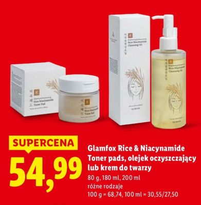 Toner pads, olejek oczyszczający lub krem do twarzy Glamfox Rice & Niacynamide promocja w Lidl