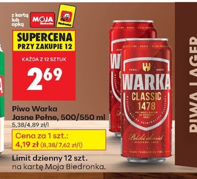 Piwo Warka Jasne Pełne promocja w Biedronka