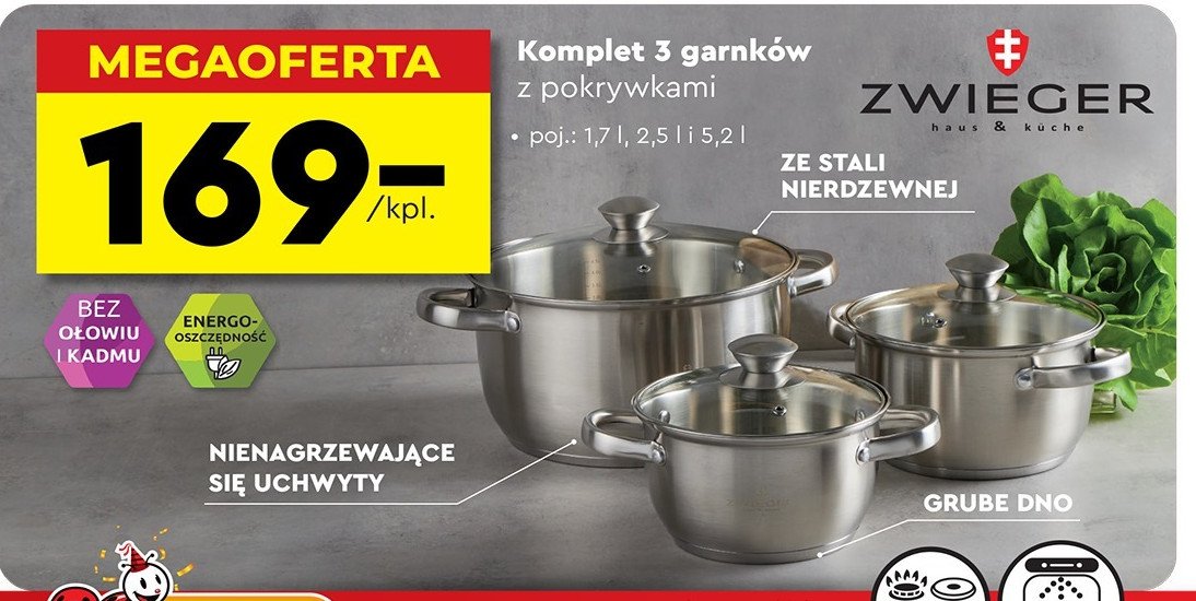 Komplet garnków 1.7 l + 2.5 l + 5.2 l Zwieger promocja w Biedronka