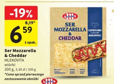 Ser Mozzarella & Cheddar MLEKOVITA wiórki promocja w Intermarche