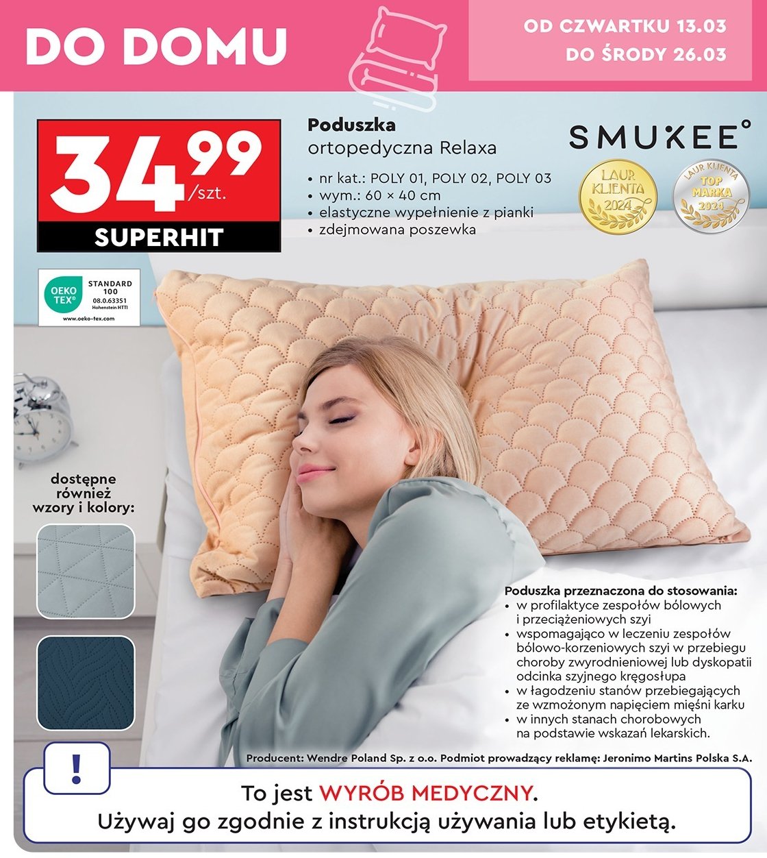 Poduszka ortopedyczna relaxa 40 x 60 cm Smukee home promocja w Biedronka