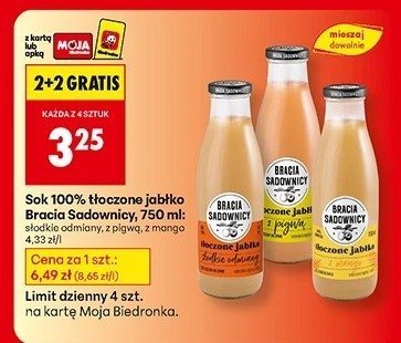 Sok 100% tłoczone jabłko 2+2 GRATIS promocja w Biedronka