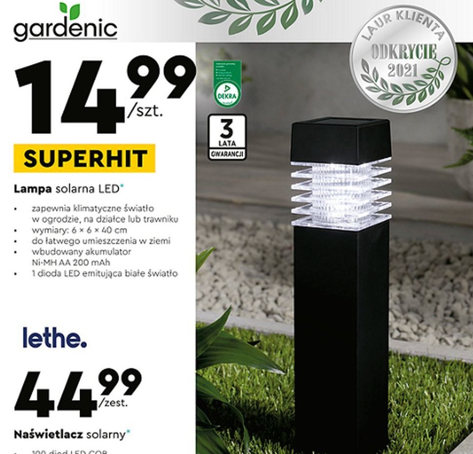 Lampa solarna led 6 x 6 x 40 cm Gardenic promocje