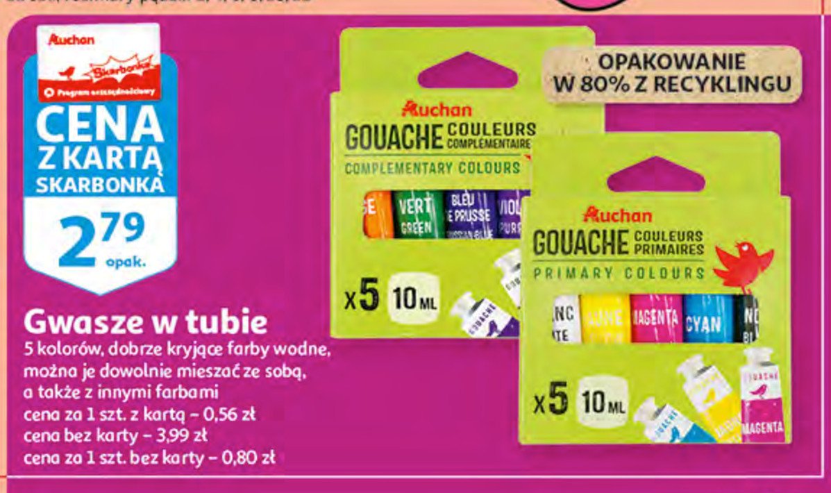 Farby gwasz w tubie Auchan promocja