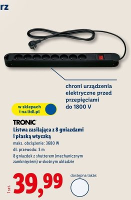 Listwa zasilająca z 8 gniazdami i płaską wtyczką TRONIC promocja w Lidl