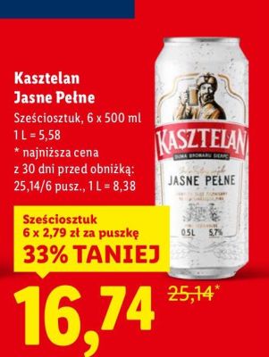 Piwo Kasztelan Jasne Pełne promocja w Lidl