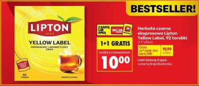 Herbata czarna Yellow Label 92 torebki 1+1 GRATIS promocja w Biedronka