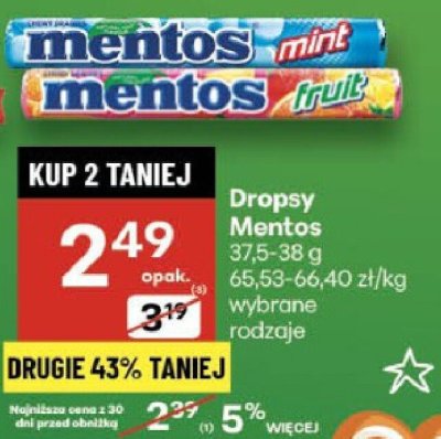 Dropsy Mentos Mint/Fruit promocja w Delikatesy Centrum
