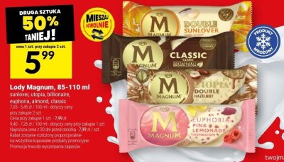 Lody Magnum, 85-110 ml sunlover, utopia, billionaire, euphoria, almond, classic promocja w Twój Market