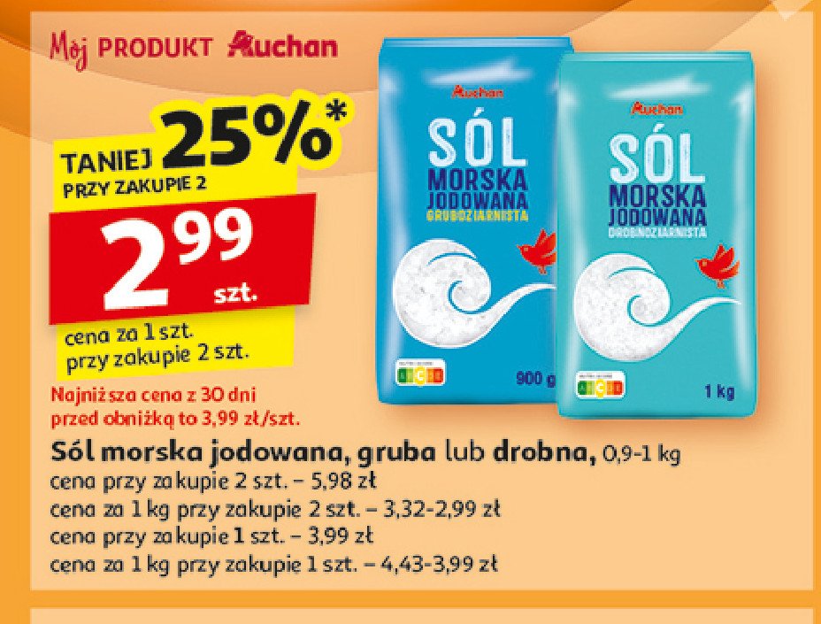 Sól morska jodowana gruba Auchan różnorodne (logo czerwone) promocja