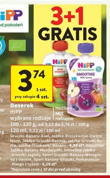 Mus owocowy jabłka-gruszki-banany Hipp hippis promocja