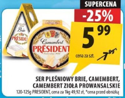 Ser pleśniowy Brie, Camembert, Camembert Zioła Prowansalskie Président promocja w Arhelan